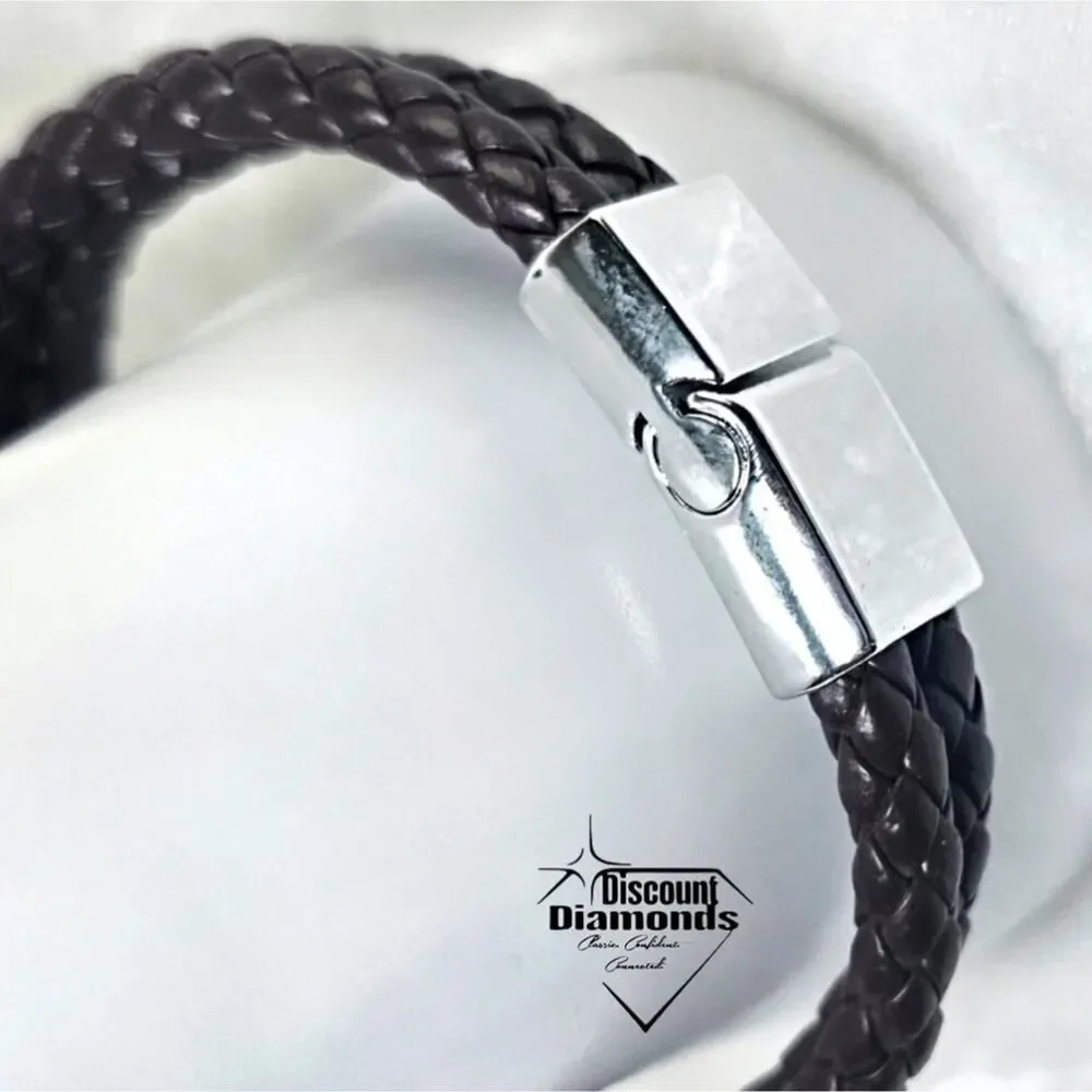 Brown Braded Leather Bracelet Silver Stainless Steel